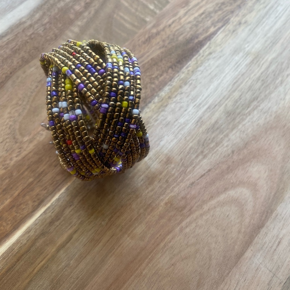 Gold and Purple Beaded Cuff Bracelet